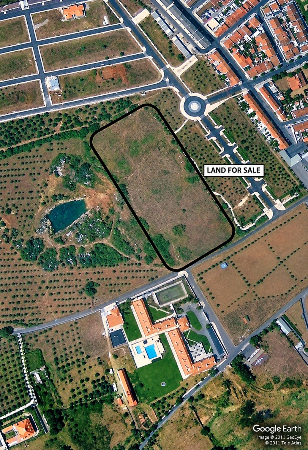 Clean aerial view showing the approximate land boundary in Vila Viçosa, labelled Land for Sale